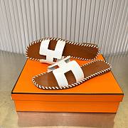 Hermes Oran White Brown Slides - 4