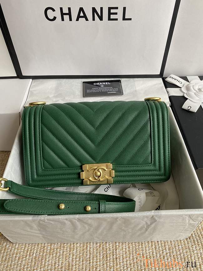 Chanel Leboy Bag Green Caviar Chevron Gold 25cm - 1