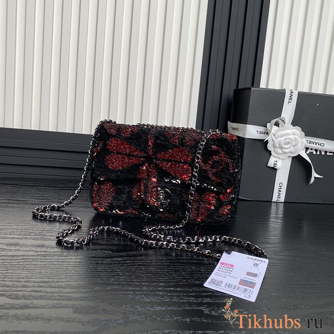 Chanel Flap Bag Sequins Black Red 21cm - 1