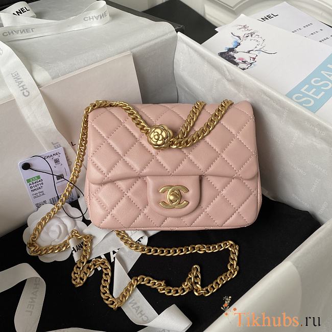 Chanel Mini Flap Bag Camellia Lambskin Pink Gold 18x13x7cm - 1