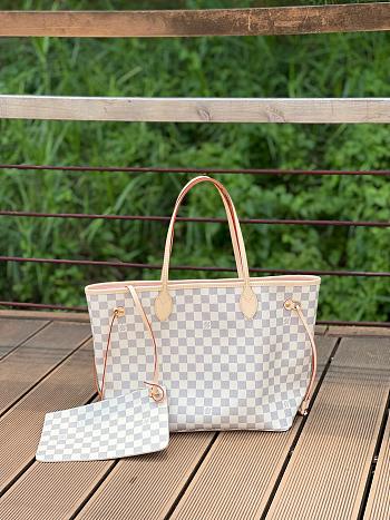 LV Original Neverfull Bag N41361 White Grid With Apricot MM