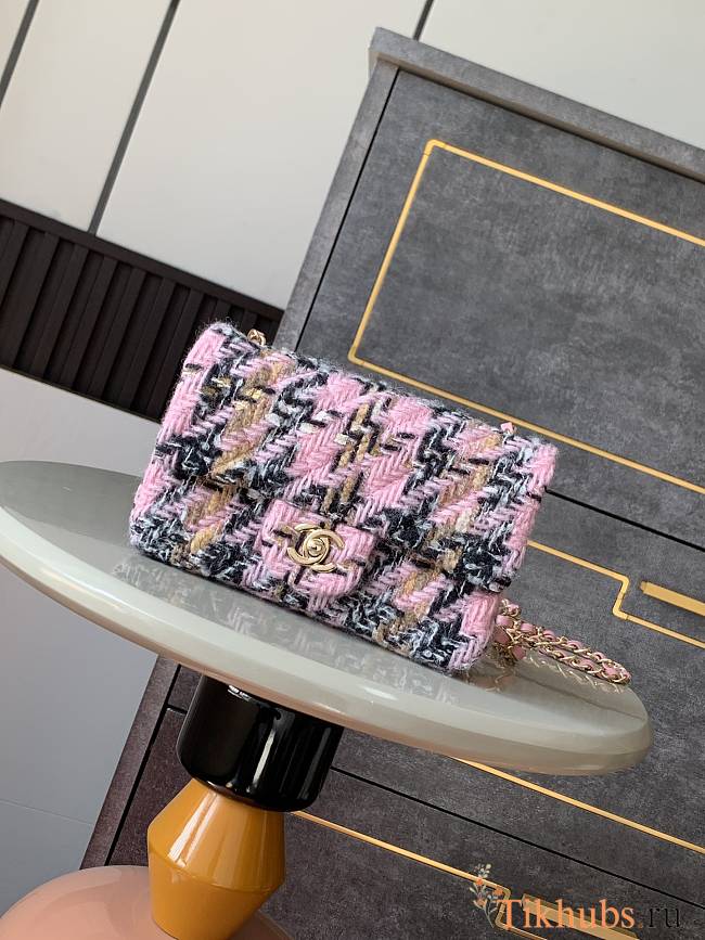 Chanel Flap Bag Tweed Gold Pink Black Beige 20cm - 1