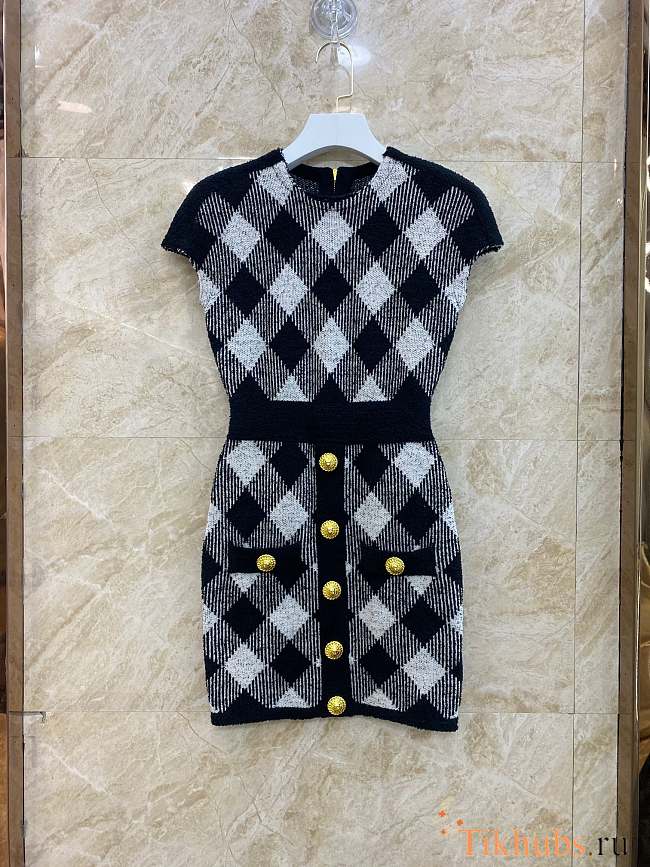 Balmain Buttoned Vichy Tweed Short Dress - 1