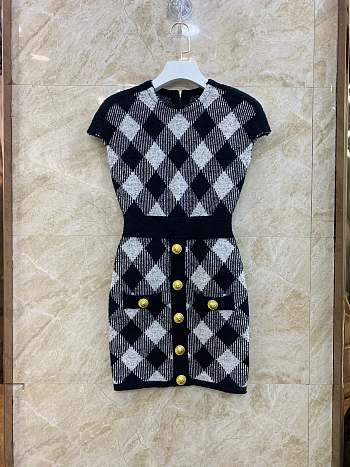 Balmain Buttoned Vichy Tweed Short Dress