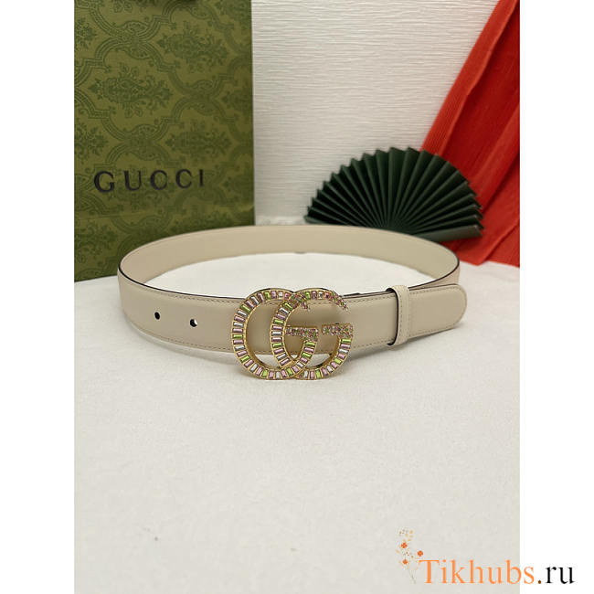 Gucci GG Marmont Belt With Cryatal Buckle White 3cm - 1
