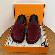 Hermes Red Wine Suede Slides - 3