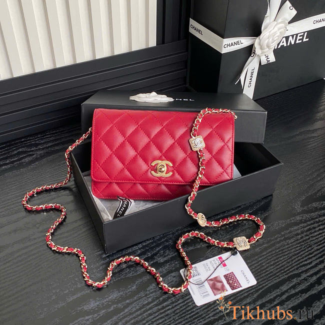 Chanel Wallet on Chain Lambskin Gold Red 19x12x3.5cm - 1