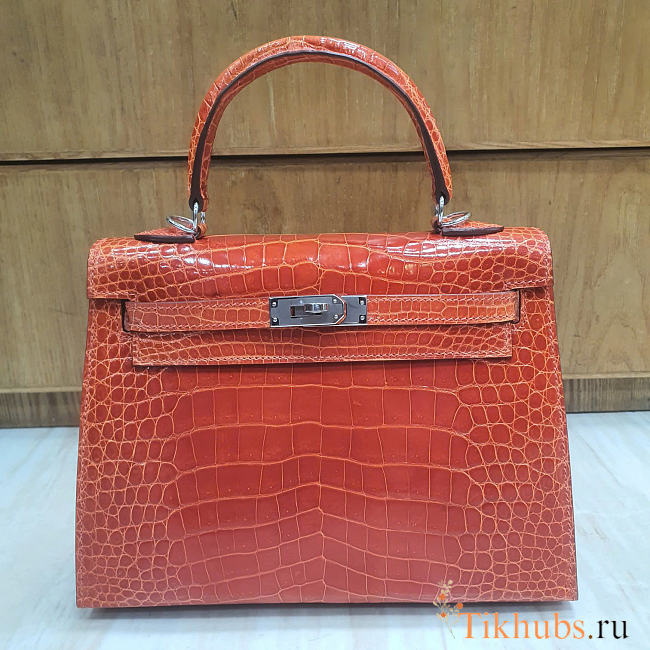 Hermes Kelly 25 Bag Orange Silver Crocodile 25cm - 1