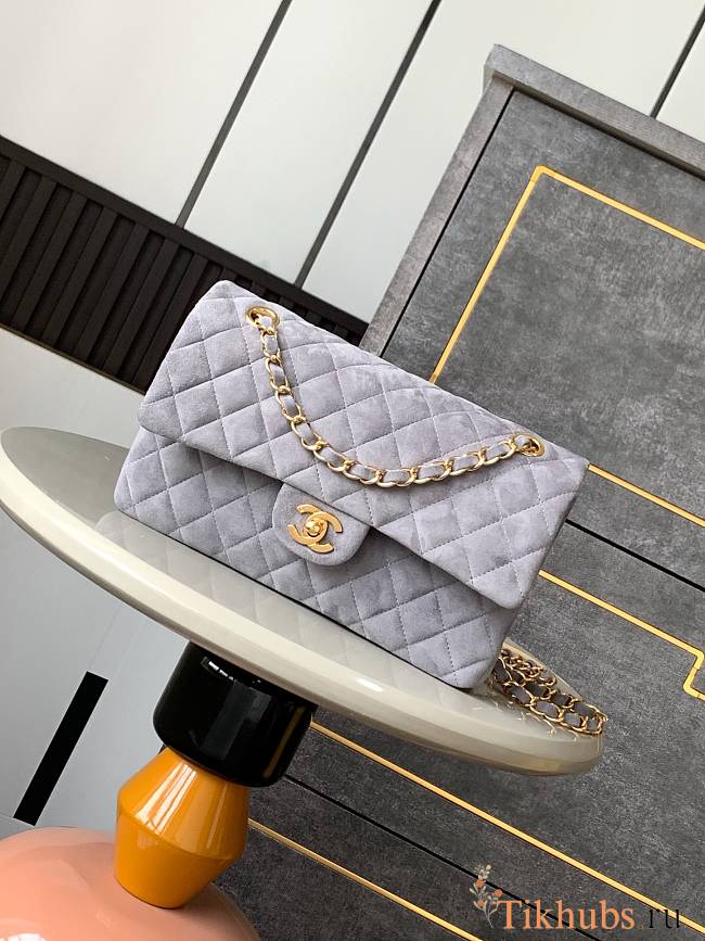 Chanel Flap Bag Light Grey Suede Gold 25cm - 1
