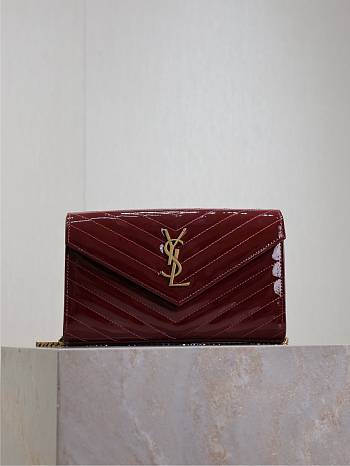 YSL Envelope Wallet Bag Red Wine Patent Gold 22.5x14x4cm