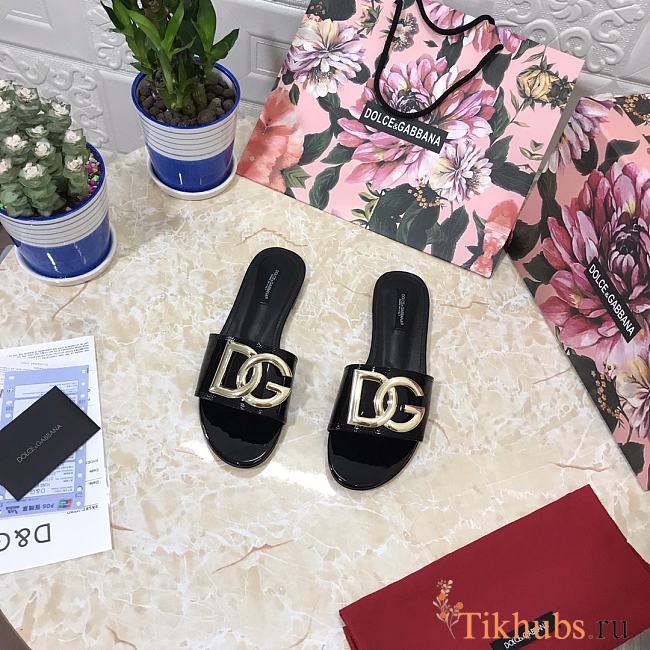 Dolce & Gabbana DG Black Patent Slides - 1