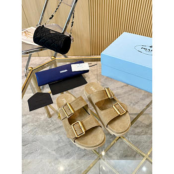 Prada Suede Buckle Slide Sandals Beige