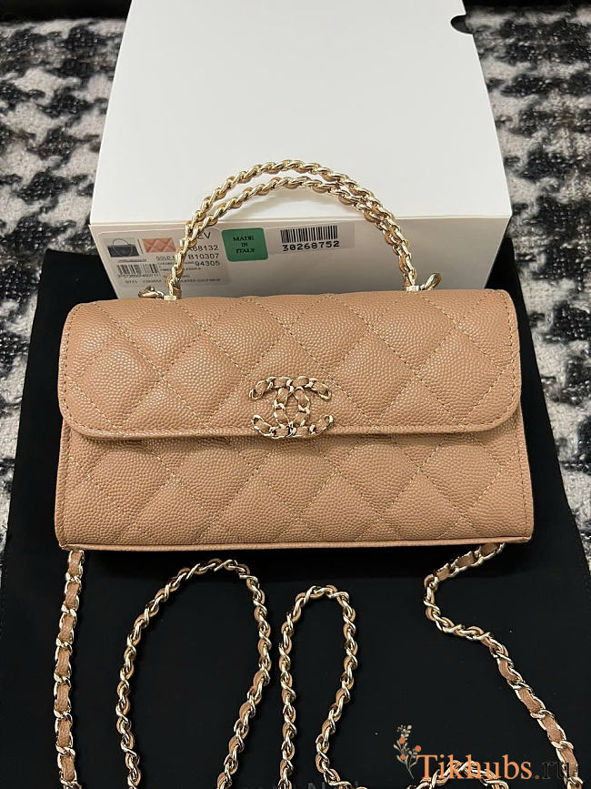 Chanel Flap Chain Bag Tan Caviar Gold With Handle 18x10x4.5cm - 1