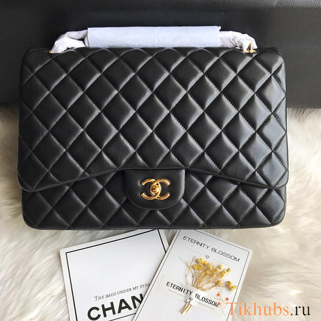 Chanel Large Flap Bag Gold Hardware Black Lambskin 33cm - 1