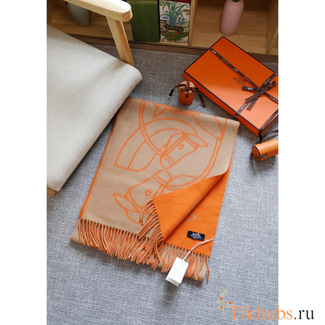 Hermes Cashmere Scarf In Orange/Beige 90x90cm - 1