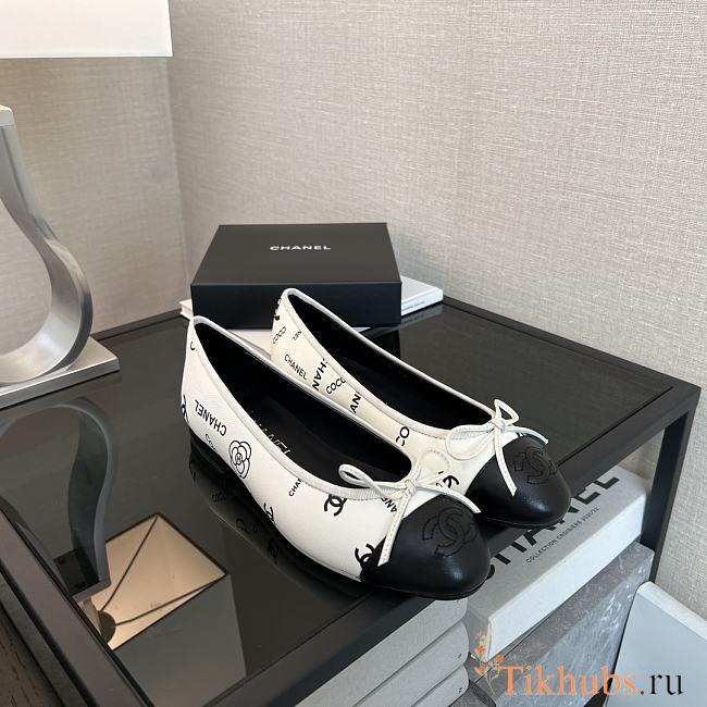 Chanel White Black Logo Ballerina Flat  - 1