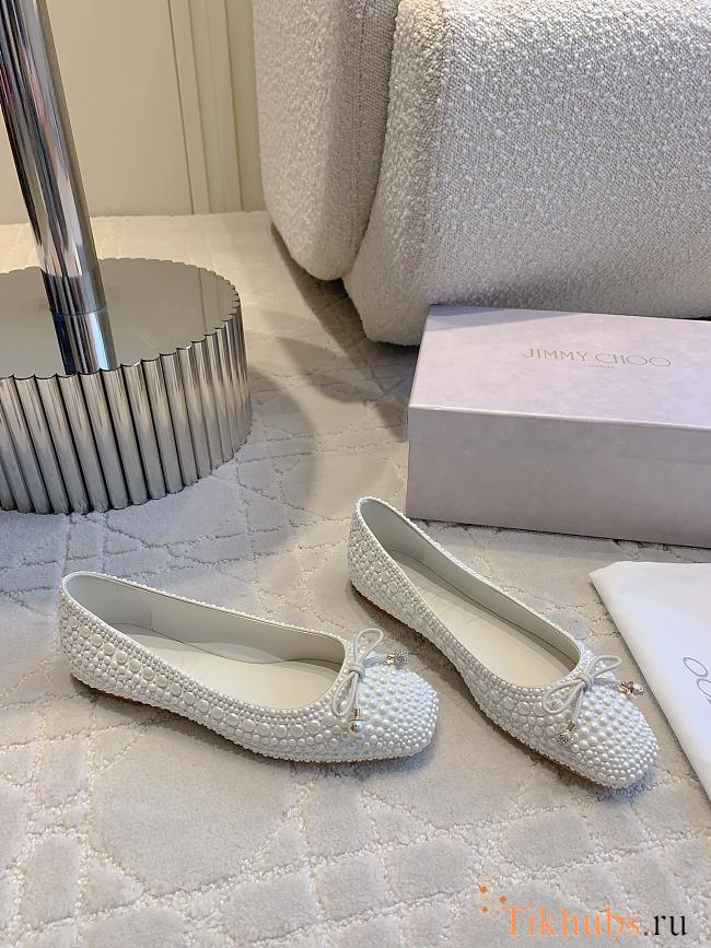 Jimmy Choo Elme Flat White Satin Pearl Flats - 1