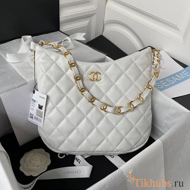 Chanel Hobo Bag White Gold Lambskin 30x26x7cm - 1