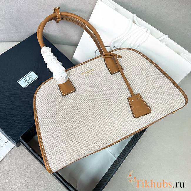 Prada Medium Linen Blend Leather Tan Tote Bag 35x22.5x18cm - 1