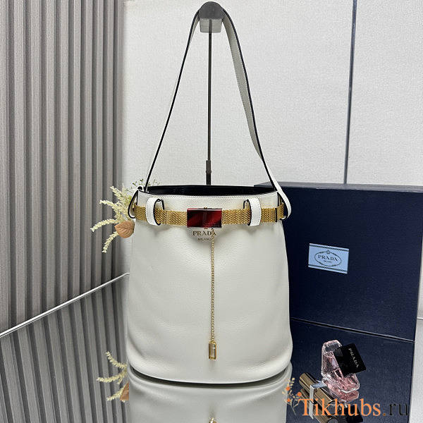 Prada Buckle Leather Bucket Bag Jeweled Belt White 26.5x29x18cm - 1
