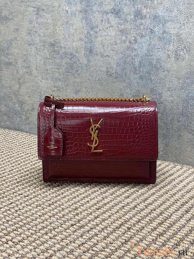 YSL Sunset Bag Red Wine Crocodile Gold 22x16x8cm - 1
