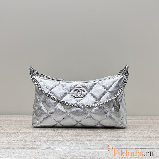 Chanel Hobo Bag Silver Lambskin 26x8.5x17cm - 1