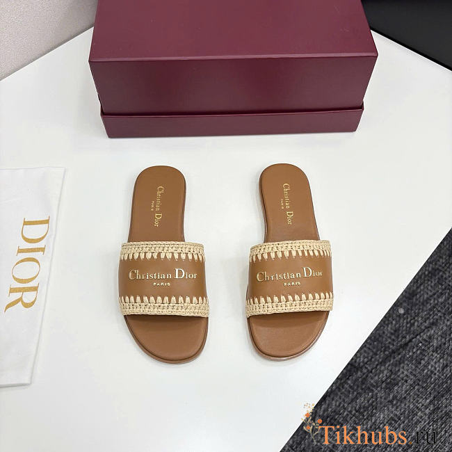 Dior Dioriviera D-Lane Camel Raffia Slide  - 1