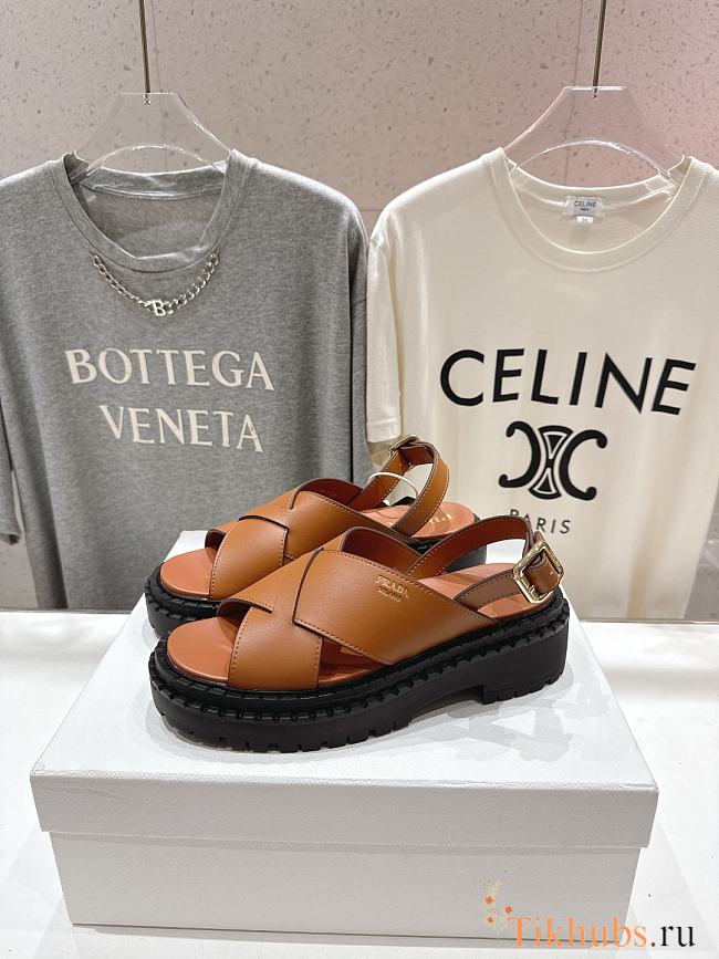 Prada Leather Crisscross Brown Sandals - 1
