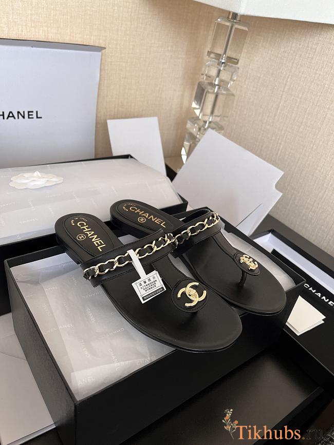 Chanel Chain Thong Black Sandals - 1