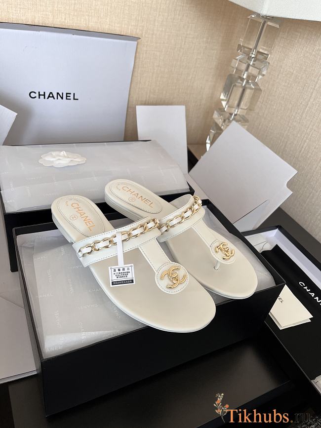Chanel Chain Thong White Sandals - 1