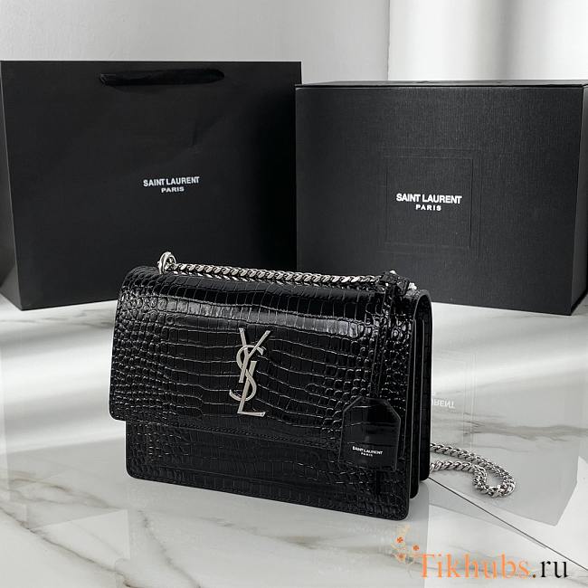 YSL Sunset Bag Crocodile Black Silver 22x8x16cm - 1