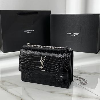 YSL Sunset Bag Crocodile Black Silver 22x8x16cm