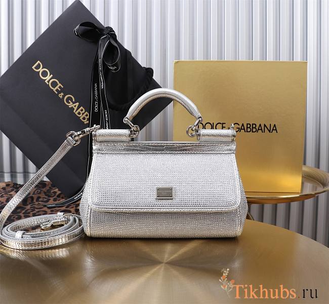 Dolce & Gabbana Small Rhinestone Sicily Tote Bag Silver 18x11x6cm - 1