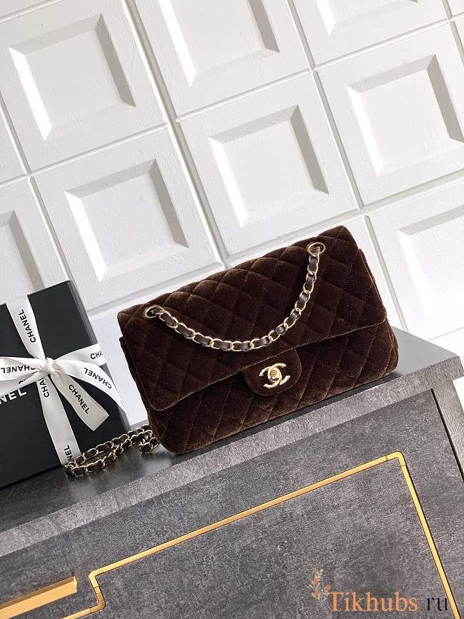 Chanel Flap Bag Velvet Gold Dark Brown 25cm - 1