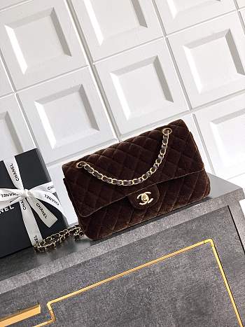 Chanel Flap Bag Velvet Gold Dark Brown 25cm