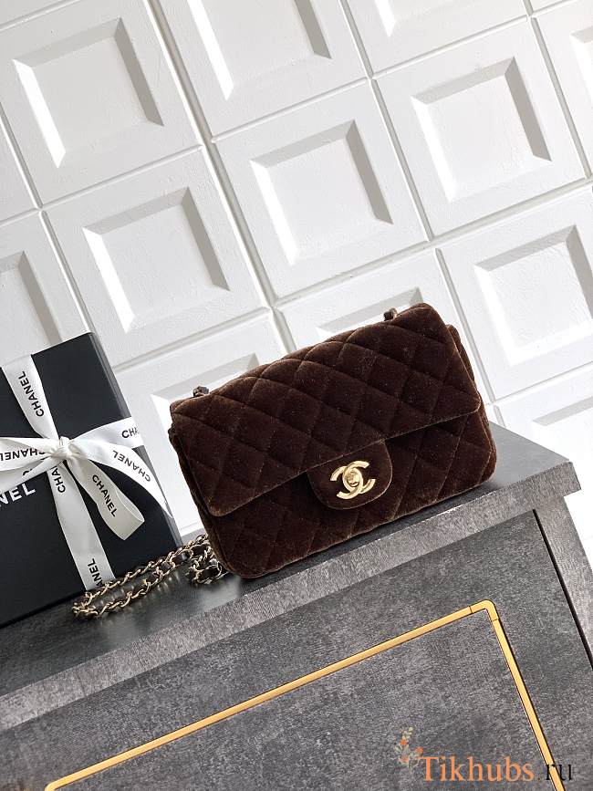 Chanel Flap Bag Velvet Gold Dark Brown 20cm - 1
