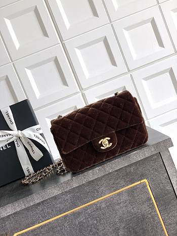 Chanel Flap Bag Velvet Gold Dark Brown 20cm