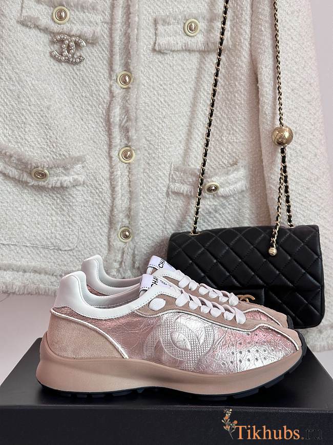 Chanel CC Logo Metallic Pink Sneakers  - 1