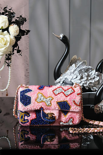 Chanel Small Flap Bag Pink / Blue Sequence Bead Spring 20cm