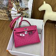 Hermes Mini Kelly Pink Fuchsia Silver Ostrich 19cm - 2