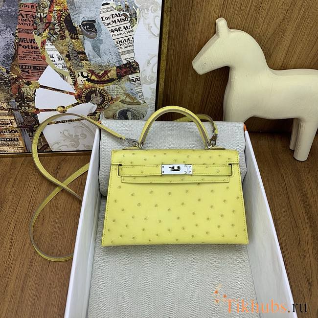 Hermes Mini Kelly Yellow Silver Ostrich 19cm - 1