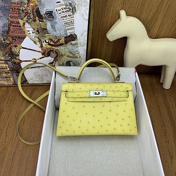 Hermes Mini Kelly Yellow Silver Ostrich 19cm