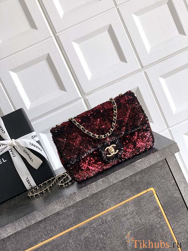 Chanel Flap Bag Sequin Black Red Gold 20cm - 1