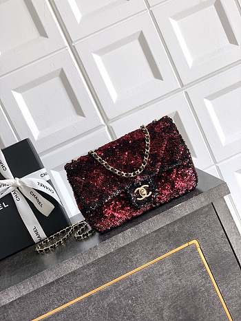 Chanel Flap Bag Sequin Black Red Gold 20cm