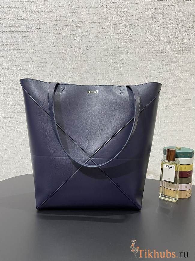 Loewe Medium Puzzle Fold Tote Shiny Calfskin Navy Blue 31.5x14.5x25.5cm - 1