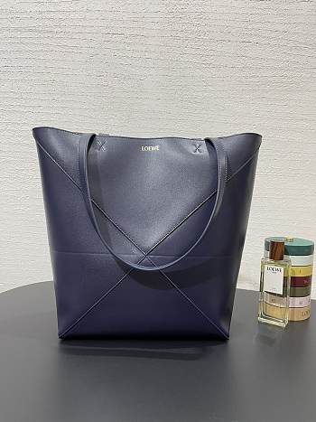 Loewe Medium Puzzle Fold Tote Shiny Calfskin Navy Blue 31.5x14.5x25.5cm