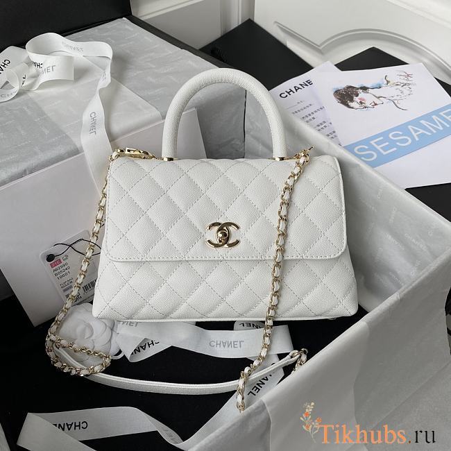 Chanel Small Coco Handle Flap Bag in white caviar leather with light gold hardware 23cm - 1