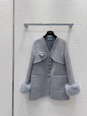 Prada grey wool coat with fur cuffs