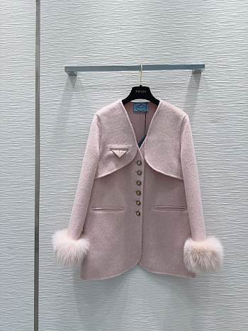 Prada pink wool coat with fur cuffs