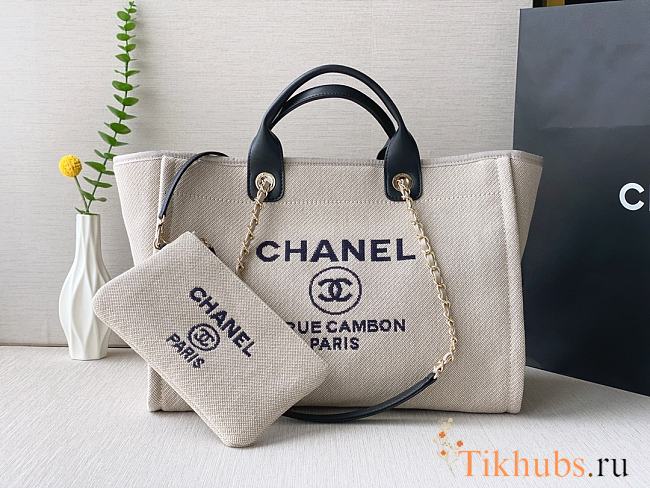 Chanel 22S Small Deauville Tote Mixed Fibers Deauville Tote Beige Black and Gold Hardware 39cm - 1